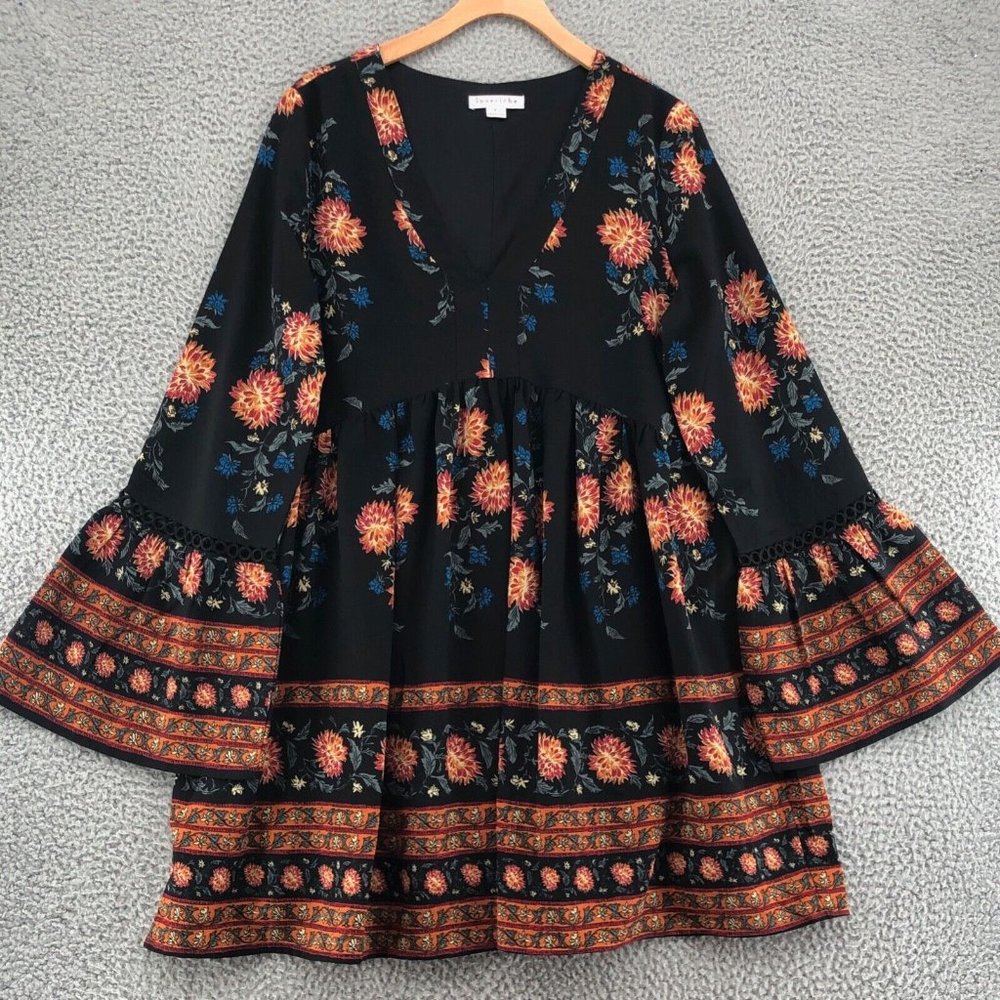 Loveriche Dress Womens Large Black Floral Babydoll Mini Bell Sleeve Crochet Boho